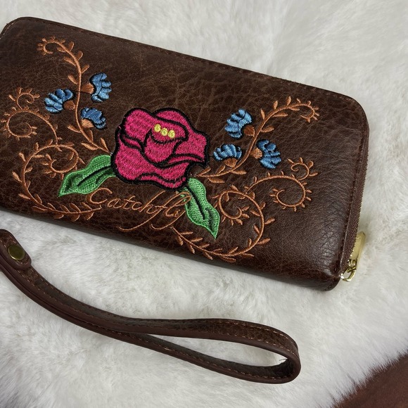 Catchfly Wallet Western Embroidered Rose Chestnut Brown Wristlet Wallet - Picture 7 of 7